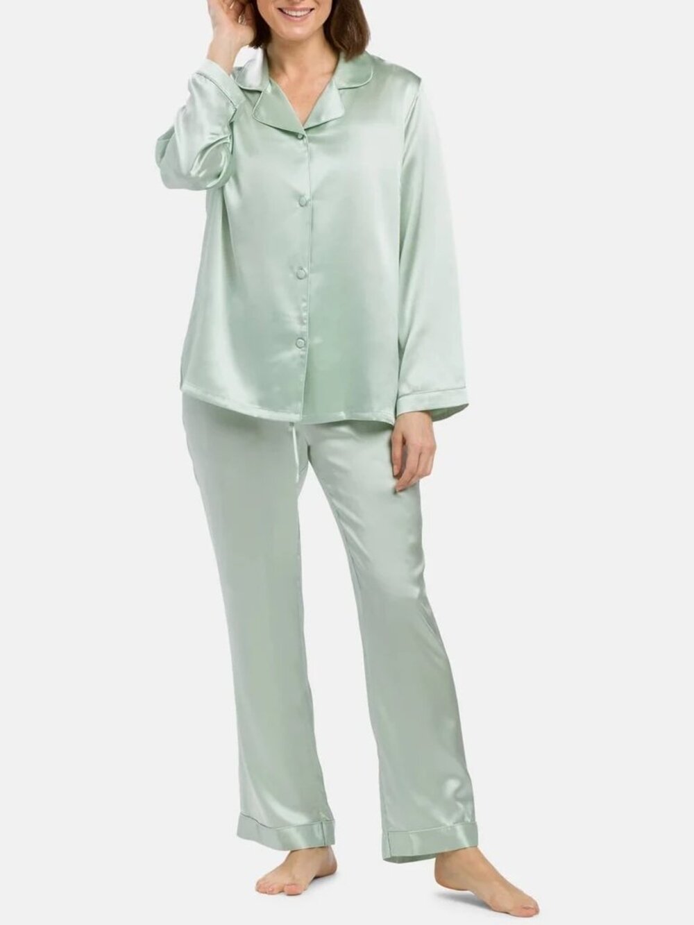 Fishers Finery 100% Mulberry Silk Classic Full Length Pajama Set Light Green NWT